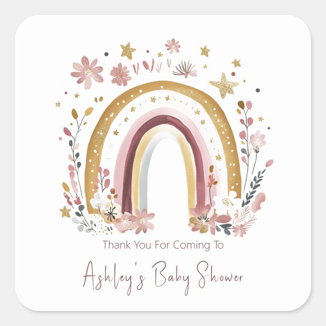 Boho Floral Rainbow Baby Shower Thank You Square Sticker (Front)
