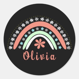 Boho Floral Rainbow With Personalized Name Classic Round Sticker