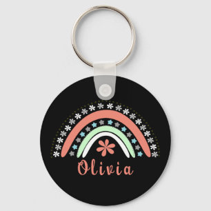 Boho Floral Rainbow With Personalized Name Keychain