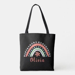 Boho Floral Rainbow With Personalized Name Tote Bag