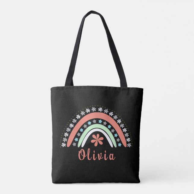 Boho Floral Rainbow With Personalized Name Tote Bag (Back)