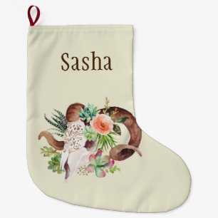 Boho Floral Ram Skull Personalized Large Christmas Stocking