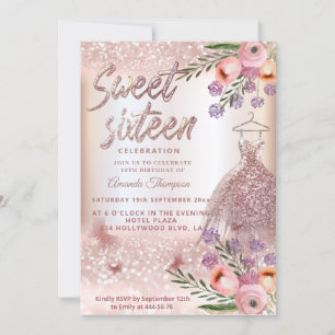 Boho floral Rose gold glittery dress butterfly  Invitation
