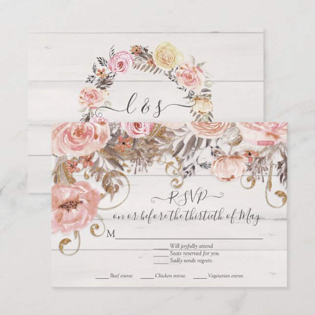 Boho Floral Rose Rose Réponse RSVP Bois Rustique (Devant / Derrière)