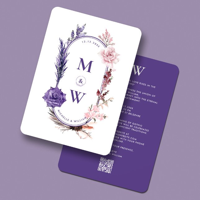 Boho Floral Roses Aesthetic Wedding Purple Pink  Invitation (Boho Floral Roses Aesthetic Wedding Purple Pink Invitation
)
