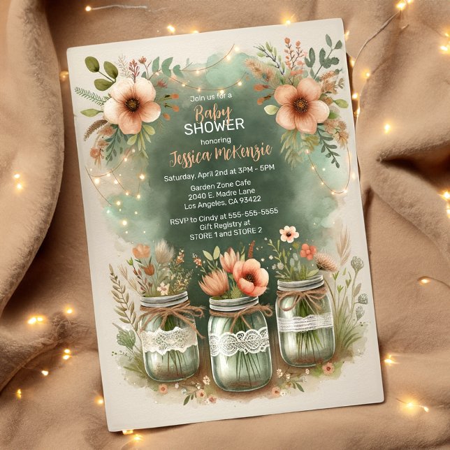 Boho Floral Rustic Floral Mason Jar Baby Shower  Invitation (Creator Uploaded)