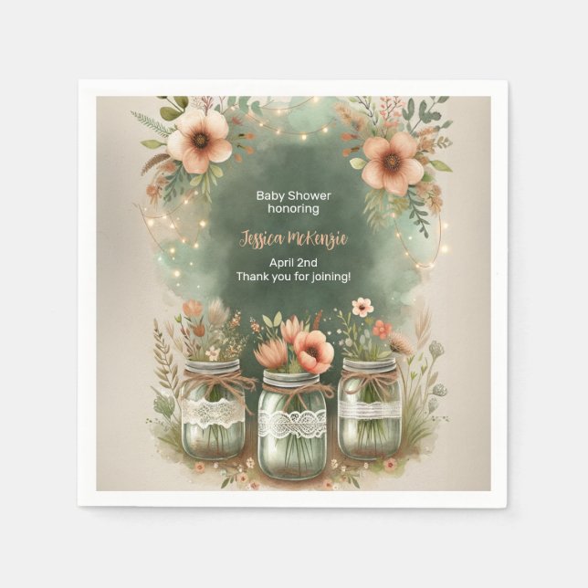 Boho Floral Rustic Floral Mason Jar Baby Shower Napkin (Front)