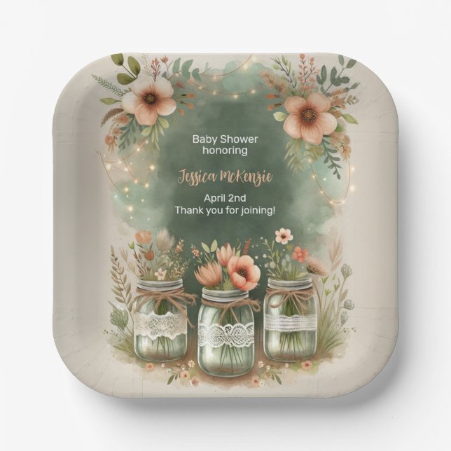 Boho Floral Rustic Floral Mason Jar Baby Shower Paper Plate (Front)