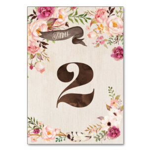 Boho Floral Rustic Wedding Table Number Card