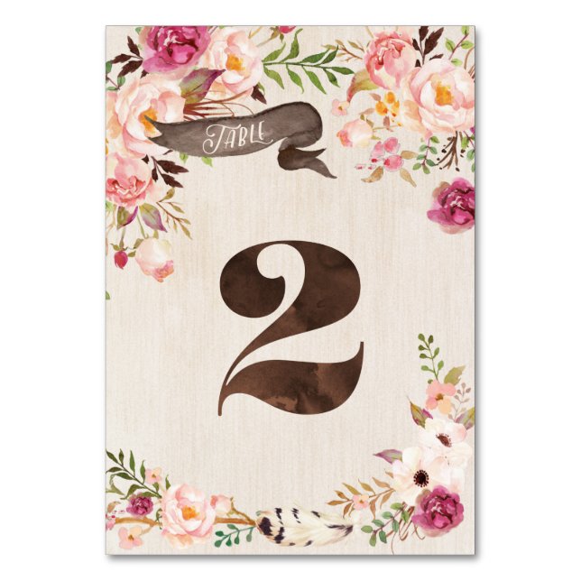 Boho Floral Rustic Wedding Table Number Card (Back)