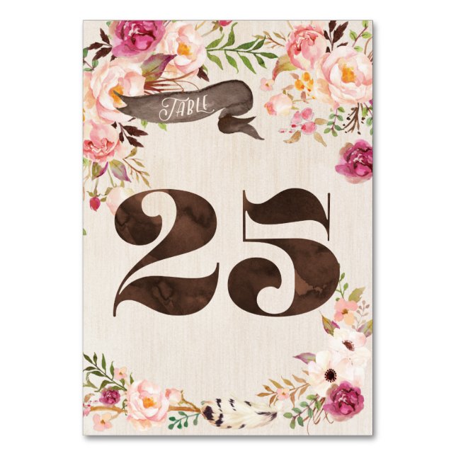 Boho Floral Rustic Wedding Table Number Card 25 (Front)