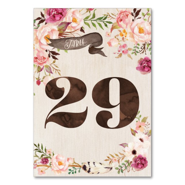 Boho Floral Rustic Wedding Table Number Card 29 (Front)