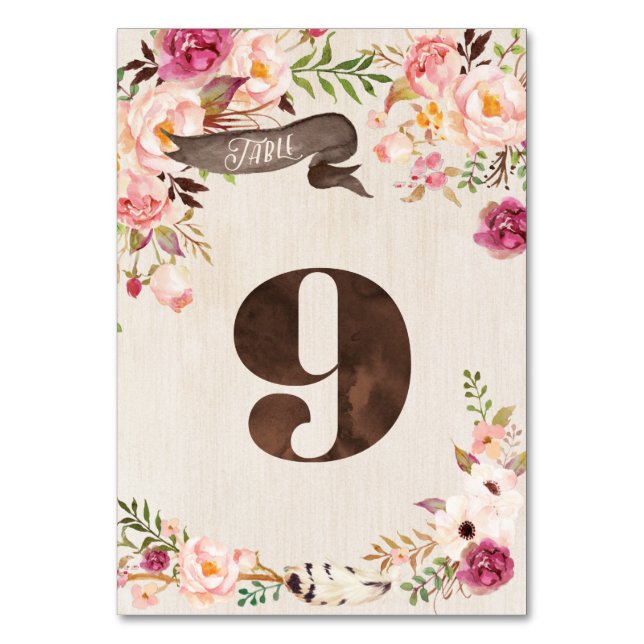 Boho Floral Rustic Wedding Table Number Card 9 (Front)