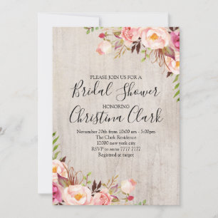 Boho Floral Rustic Wood Roses Bridal Shower Invitation