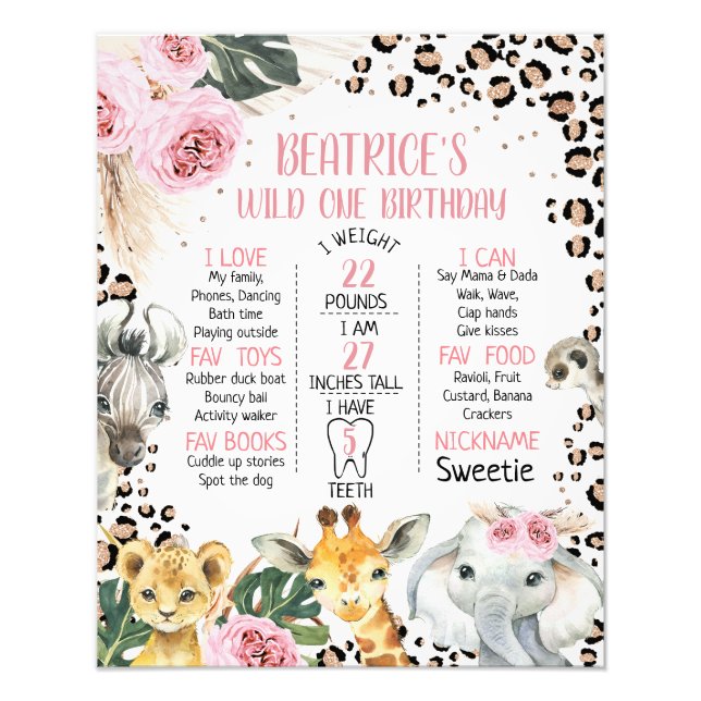 Boho Floral Safari Birthday Milestone Poster (Front)