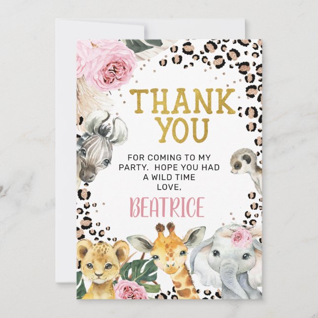 Boho Floral Safari Birthday Thank You Card (Front)
