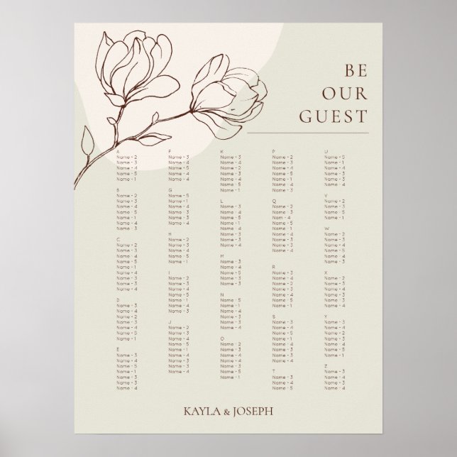 Boho Floral Sage Alphabetical Seating Chart Sign (Front)