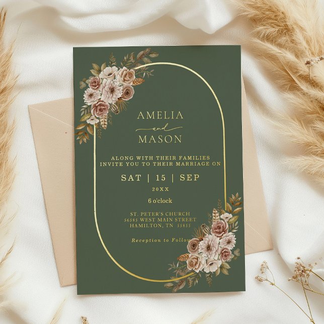 Boho Floral Sage Green and Gold Wedding (Sage Green and Gold Foil Floral Boho Wedding Invitation)