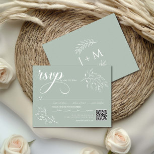 Boho Floral Sage Green Calligraphy QR Code RSVP Card