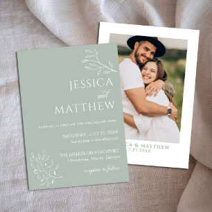 Boho Floral Sage Green Calligraphy with Photo Invitation