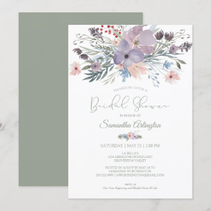 Boho Floral Sage Green Violet Blush Bridal Shower Invitation
