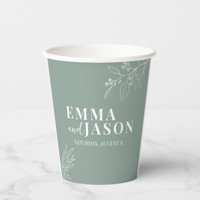 Boho Floral Sage Green Wedding Paper Cups (Front)