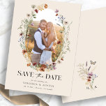 Boho Floral Save The Date<br><div class="desc">Boho Floral Save The Date. This stylish & elegant wedding save-the-date announcement features gorgeous hand-painted watercolor wildflowers arranged as a lovely wreath with an engagement photo for personalizing. The back includes a beautiful coordinating bouquet with the bride and groom's monogram. Find matching items in the Tan Boho Wildflower Wedding Collection....</div>