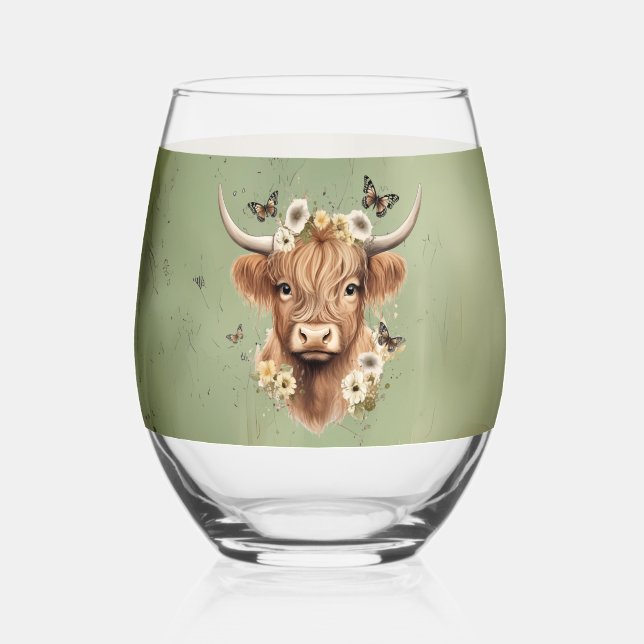 Boho Floral Scottish Cow with Farmhouse Green Stemless Wine Glass (Front)