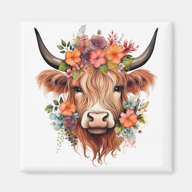 Boho Floral Scottish Highland Cow Western Flowers Magnet (Front)