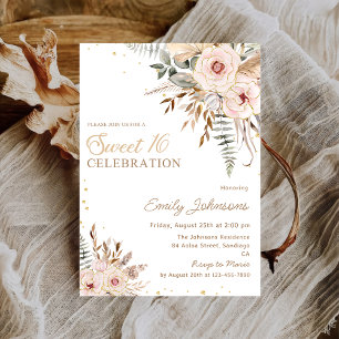 Boho Floral Script Gold Glitter Sweet 16 Birthday Invitation