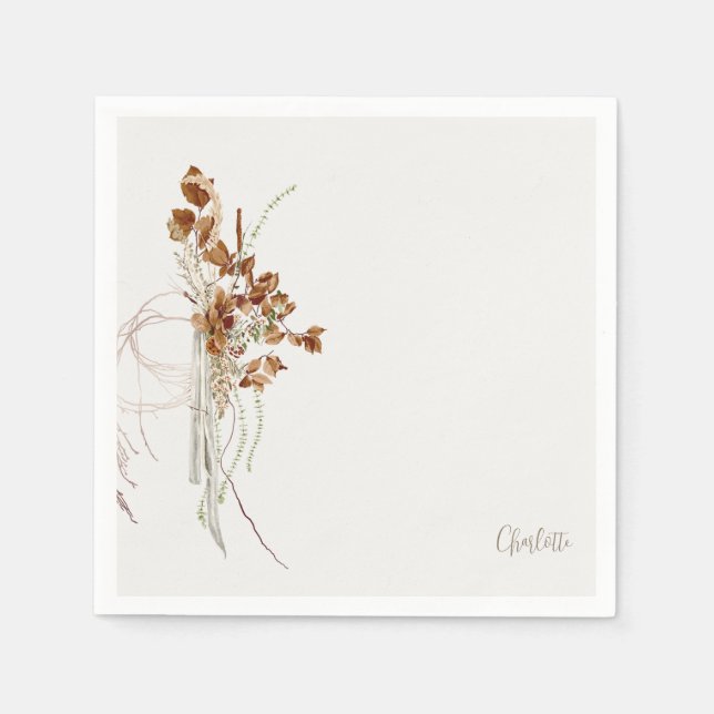 Boho Floral Script Name Bridal Shower Cocktail  Napkin (Front)
