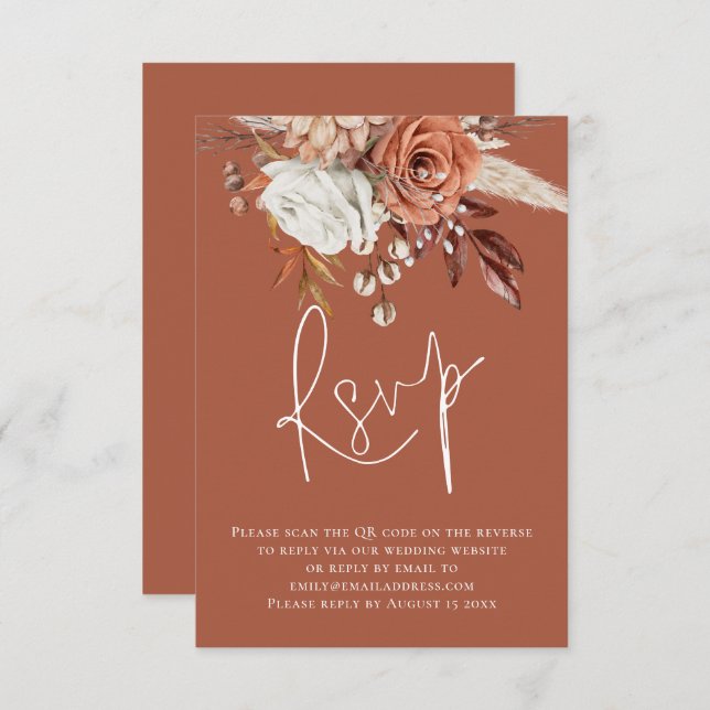 Boho Floral Script QR Code Terracotta Wedding RSVP (Devant / Derrière)