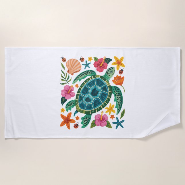 Boho Floral Sea Turtle Beach Towel (Front)