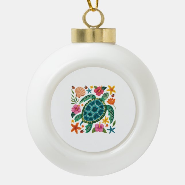 Boho Floral Sea Turtle Ceramic Ball Christmas Ornament (Front)