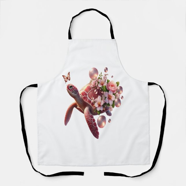 Boho Floral Sea Turtle, Pink Blossom Apron (Front)