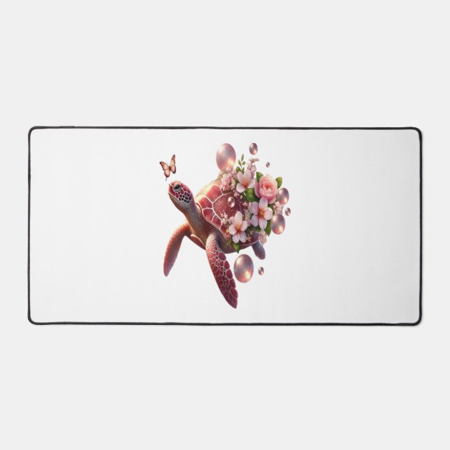 Boho Floral Sea Turtle, Pink Blossom Desk Mat (Front)