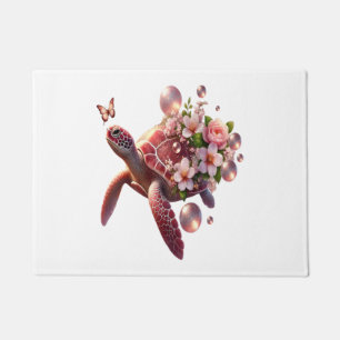 Boho Floral Sea Turtle, Pink Blossom Doormat