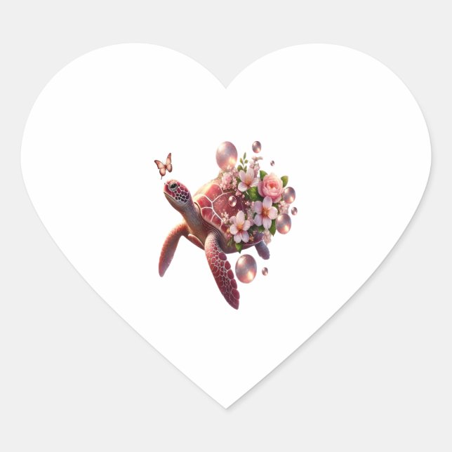 Boho Floral Sea Turtle, Pink Blossom Heart Sticker (Front)