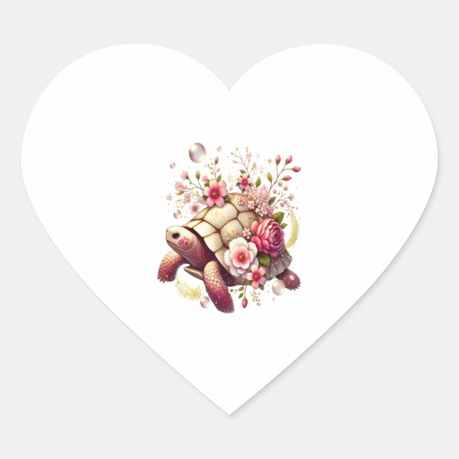 Boho Floral Sea Turtle Pink Blossom Heart Sticker (Front)