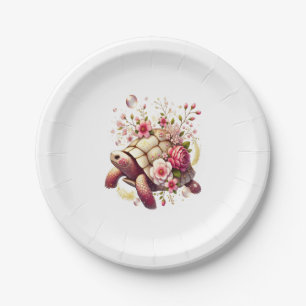 Boho Floral Sea Turtle Pink Blossom Paper Plate