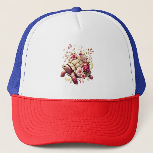 Boho Floral Sea Turtle Pink Blossom Trucker Hat (Front)