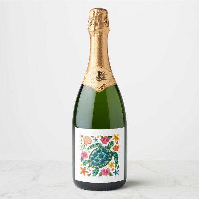 Boho Floral Sea Turtle Sparkling Wine Label (Front)