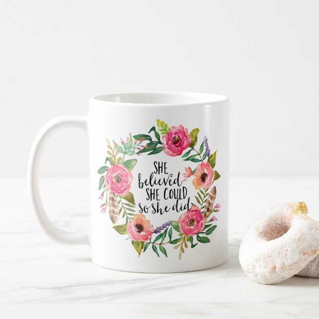Boho floral She believed she could so she did Coffee Mug (With Donut)