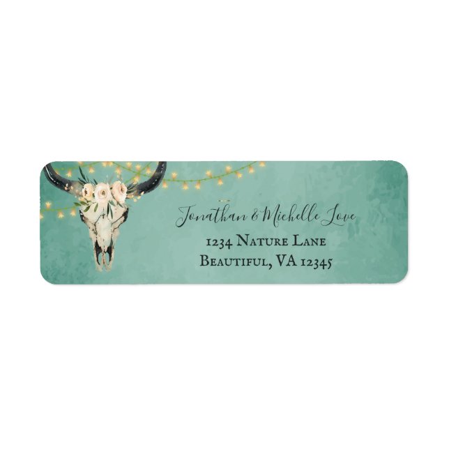 Boho Floral Skull, String Lights Turquoise Address (Front)