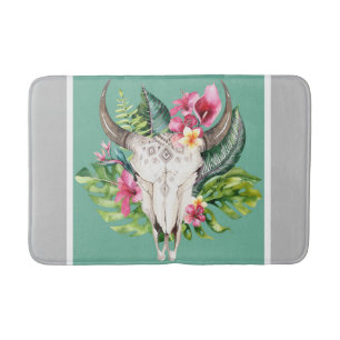 Boho Floral Skull Teal & Chic Grey Modern Glam Bath Mat