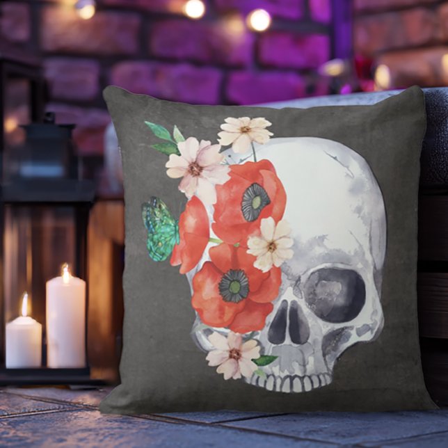 Boho Floral Skull Throw Pillow (Floral Skull Throw Pillow)