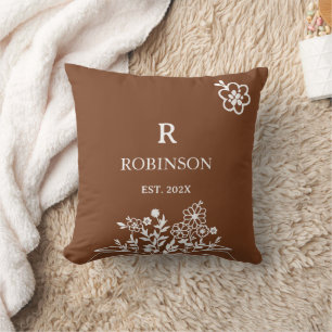 Boho Floral Soft Burnt Orange   Monogram Throw Pillow