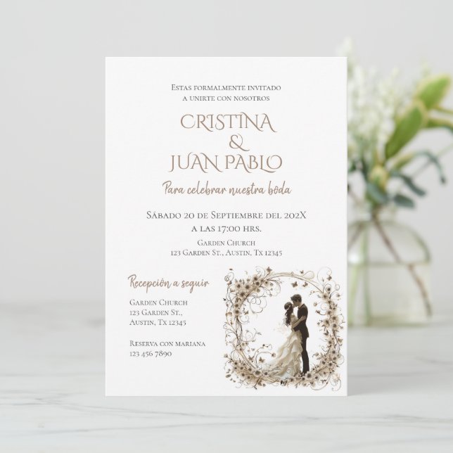 Boho Floral Spanish Wedding Invitation (Standing Front)