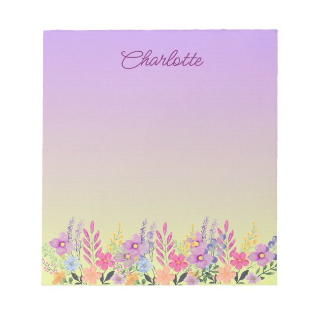 Boho Floral Spring Flowers Pink Yellow Purple Wate Notepad (Front)