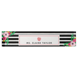 Boho Floral Stripes Pink Apple Teacher Nameplate